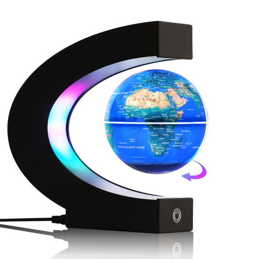 BEBEVOGUE magnetic levitating globe with 7-color LEDs for vibrant desk decor.
