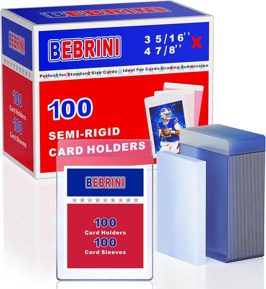 Bebrini 100ct semi-rigid card holders protect graded cards with clear visibility.