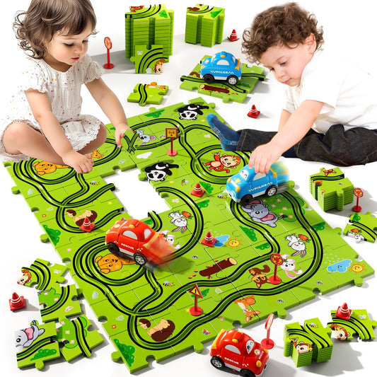 Beby Buty green puzzle pieces forming a racetrack for imaginative play and creativity.