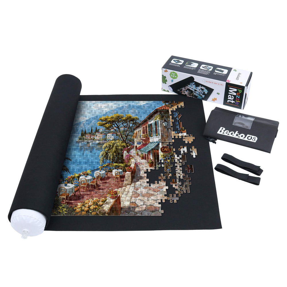 Becko US puzzle mat rollup with inflated tube showing easy storage and protection of puzzles