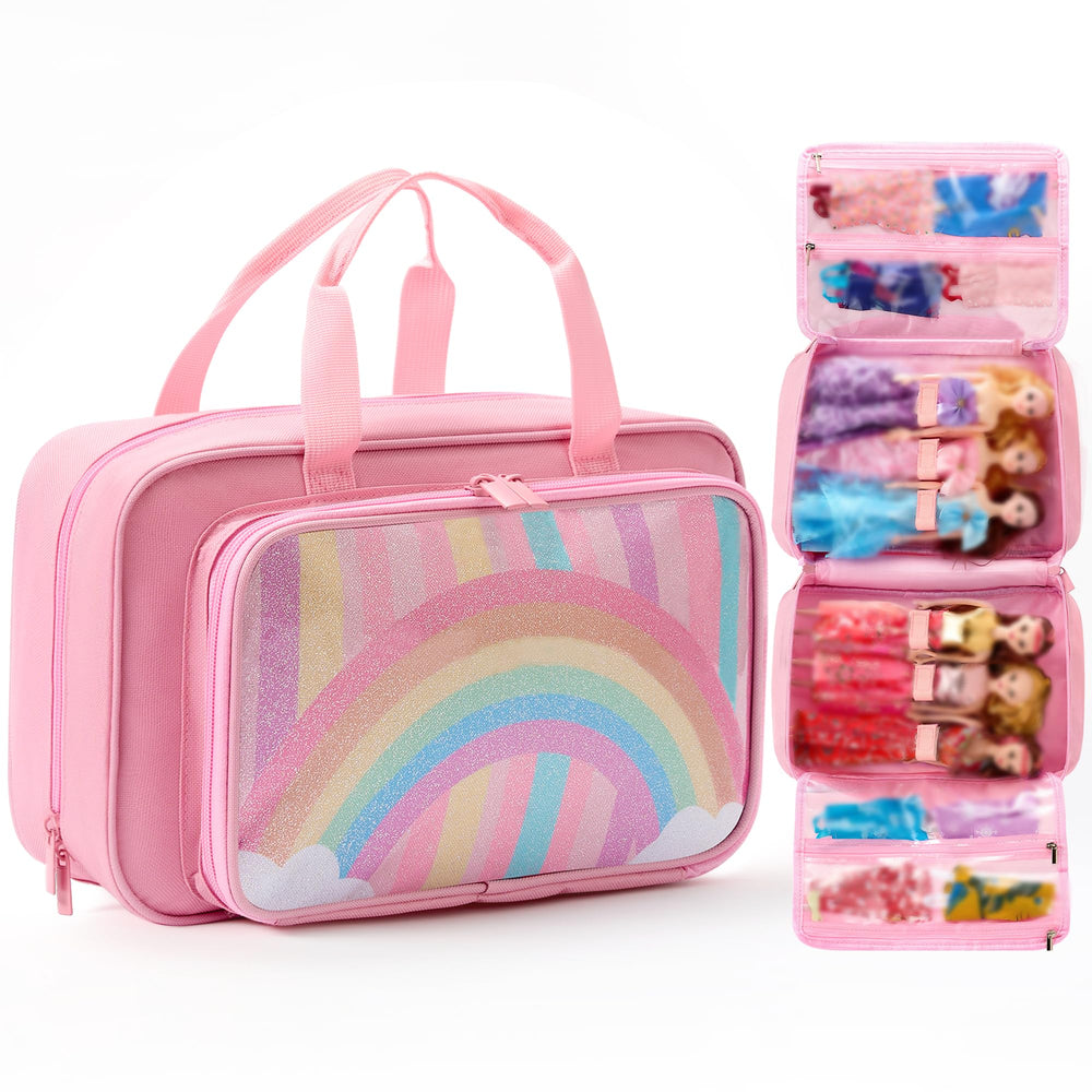 BECOSEFU doll case with Velcro straps securing six 12 inch dolls during travel