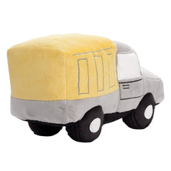 Bedtime Originals embroidered plush truck offers soft texture for soothing routines.