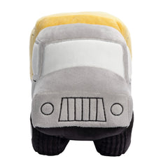 Bedtime Originals velour dump truck plush with embroidered details for baby-safe play.