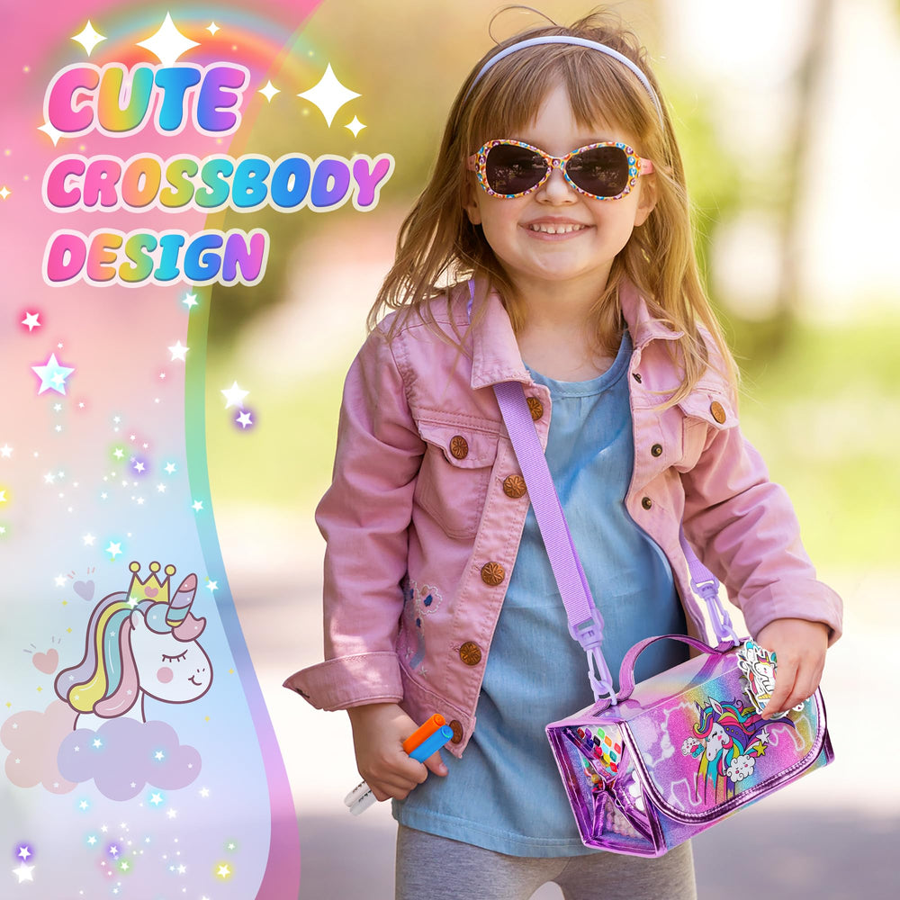 Beefunni pink glitter unicorn case with four compartments for easy organization.