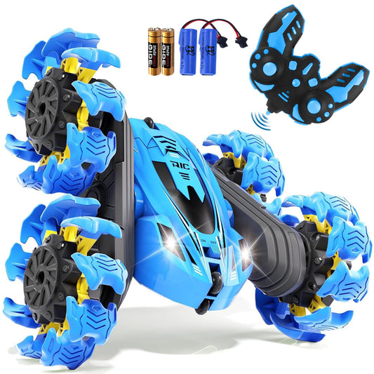 Beetivity remote control car blue front view enables kid-friendly stunt play indoors or outdoors.