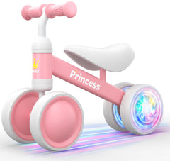 Bekilole balance bike with LED wheels lights up as she scoots for outdoor play.