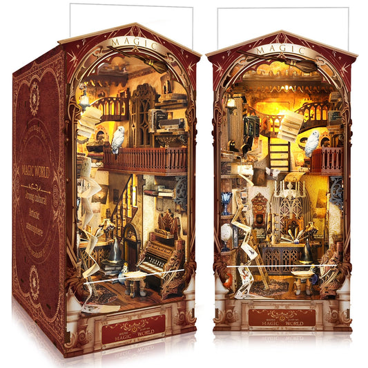 BELEEV Book Nook Kit cover featuring Magic World scene for enchanting bookshelf decor.
