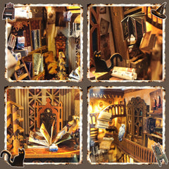 BELEEV Book Nook Kit shelves and wands display in a crafted miniature setting.