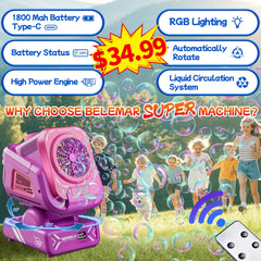 Belemar bubble machine with auto-rotation for wider coverage