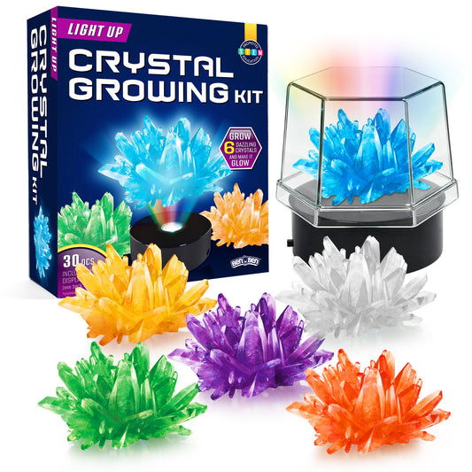 BenBen Crystal Growing Kit showing six colorful crystals with an LED display for dazzling home science
