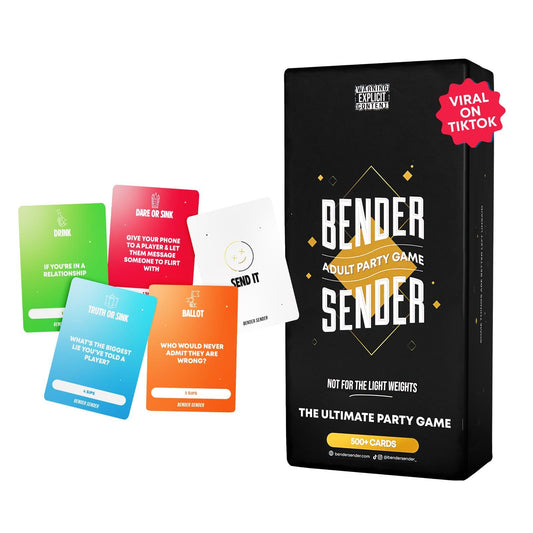 Bender Sender challenge cards on a table delivering bold prompts.