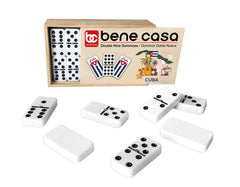 Dominoes lined up for family game night with Bene Casa Cuban flag set