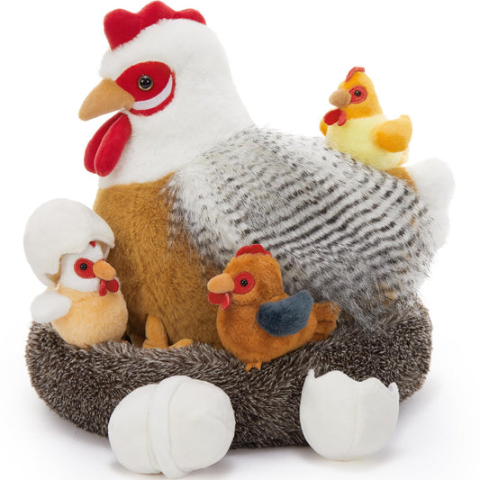 Beniny chicken-stuffed-family in nest coop delivers cozy storytelling moments.