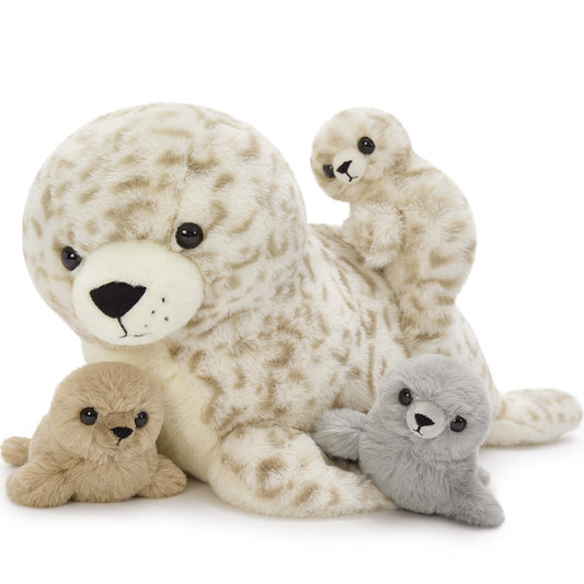 BENINY seal mommy plush with leopard print, large and cuddly for bedtime comfort.