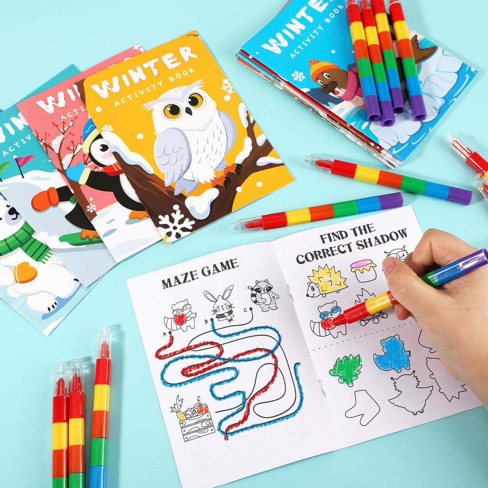 BenLouis winter mini activity pages open showing maze and word search for problem solving