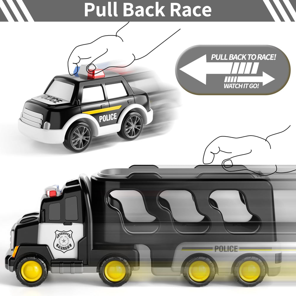 Bennol Police Truck trailer attachment shows sturdy connection during pretend play.