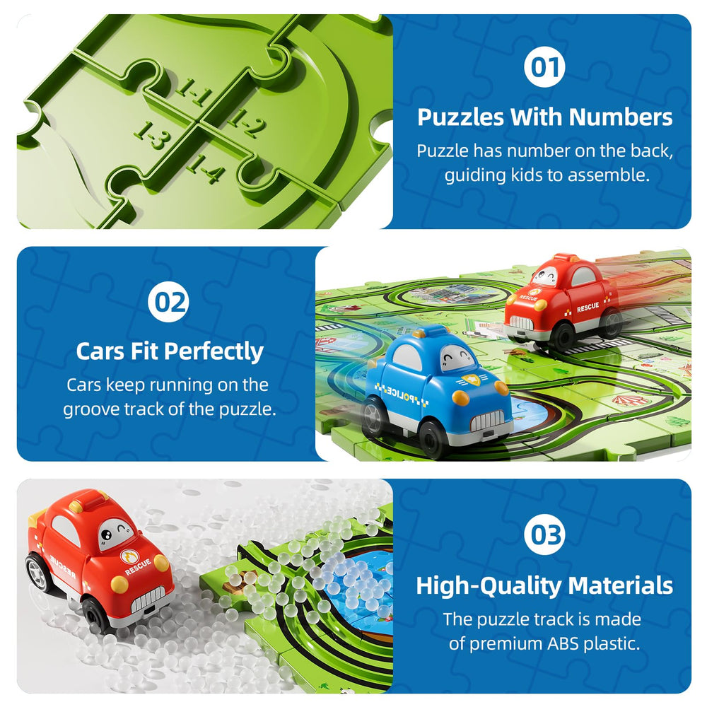 Bennol car and puzzle pieces in motion on grooved track.