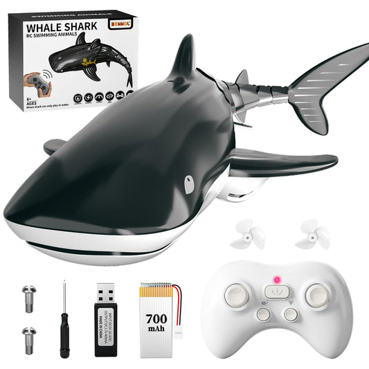 Bennol whale shark RC toy in pool with 2.4GHz remote control for kids' playtime.