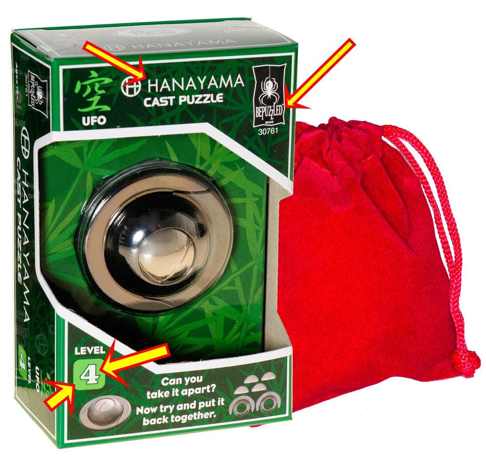 Bepuzzled UFO Hanayama metal-design close-up emphasizes tactile play and durability.
