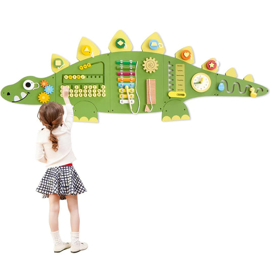 Beright Dinosaur Wall Panel Cogs enhances fine motor skills and problem-solving for toddlers.