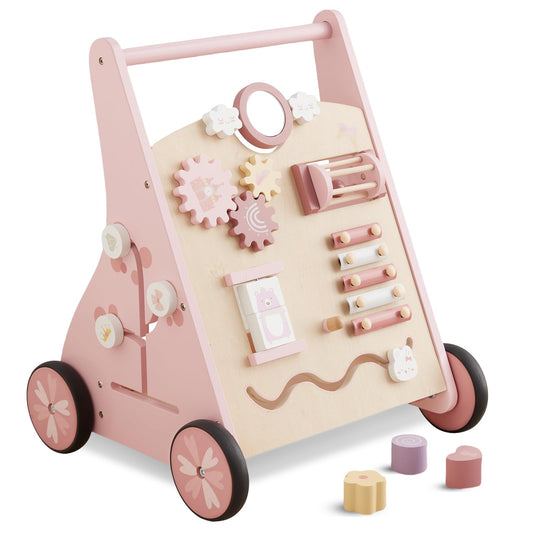 Beright wooden baby walker pink front view highlights multi-sensory features