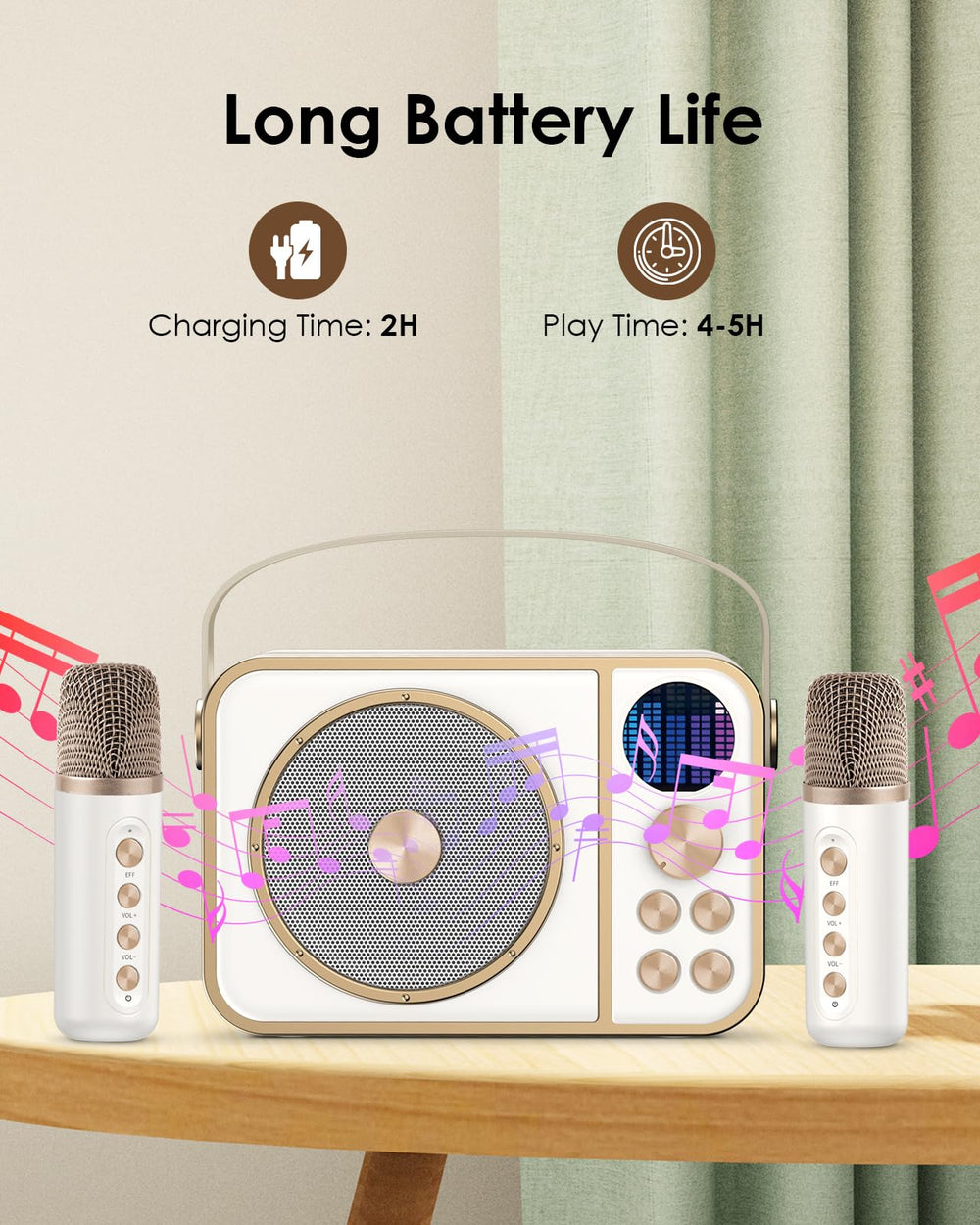 BESCOST Karaoke Machine with two wireless mics included for duet fun.