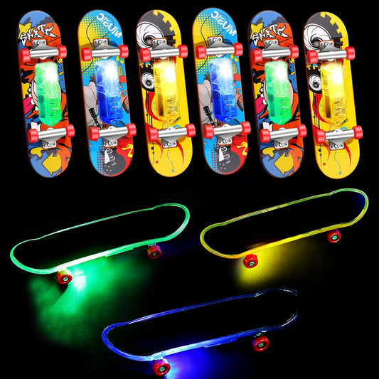 Beselley mini finger skateboards glow pack for nighttime play and skill practice.
