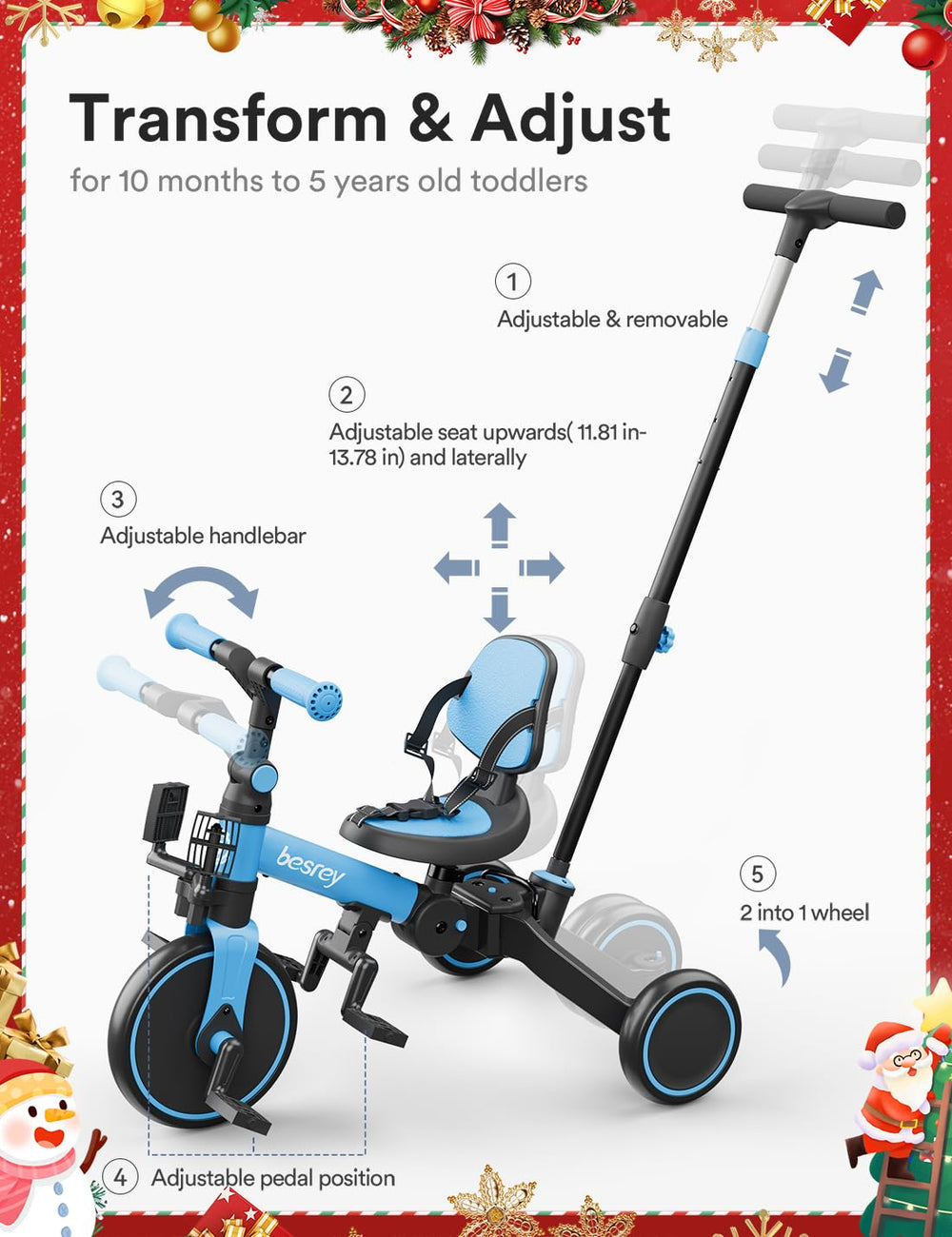 Besrey 4-in-1 toddler bike push-tricycle mode with adjustable handle.