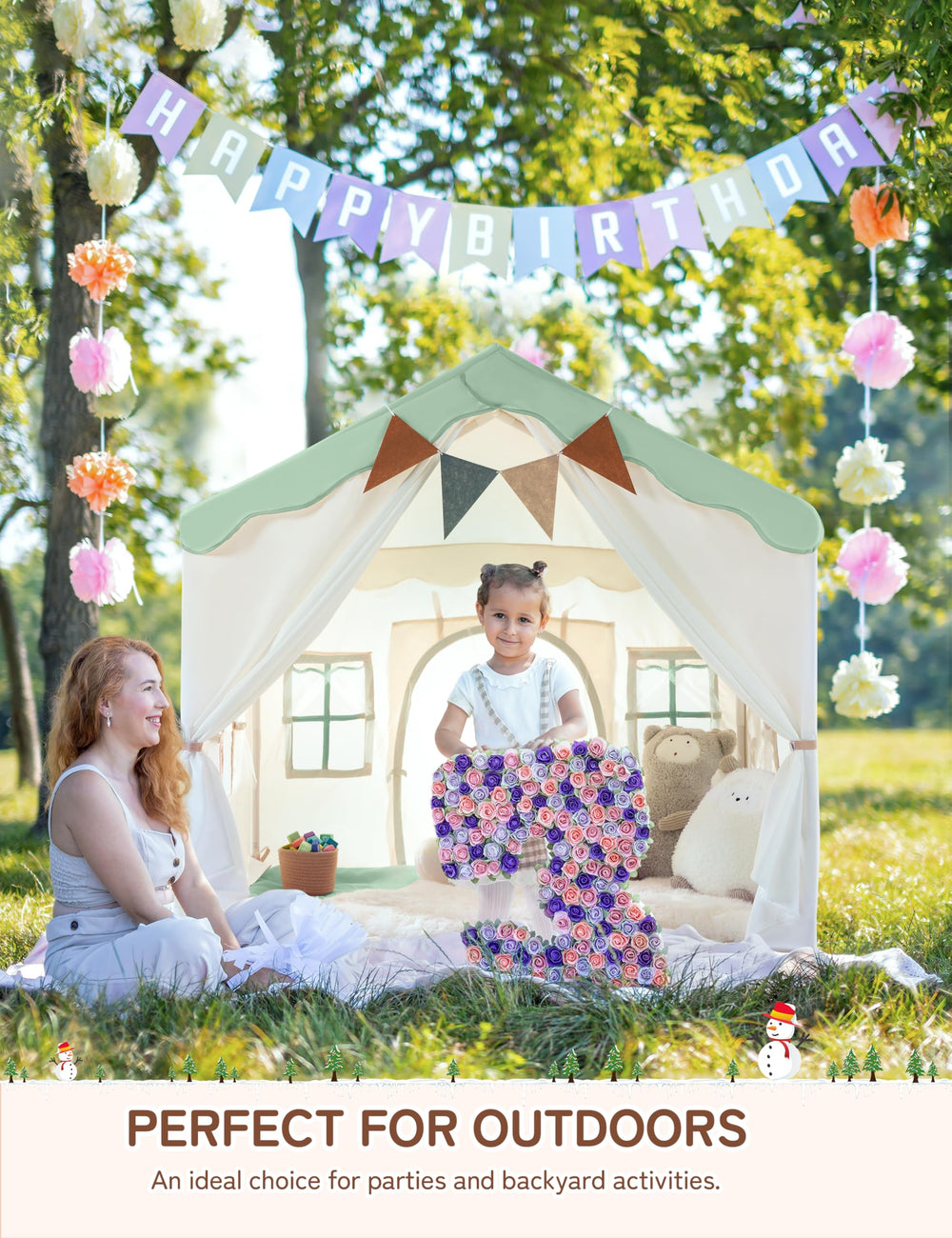 Besrey kids tent lace curtains rolled up improve airflow and supervision.