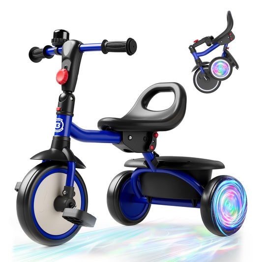 Besrey kids tricycle with glowing rear wheels for enhanced visibility during rides.