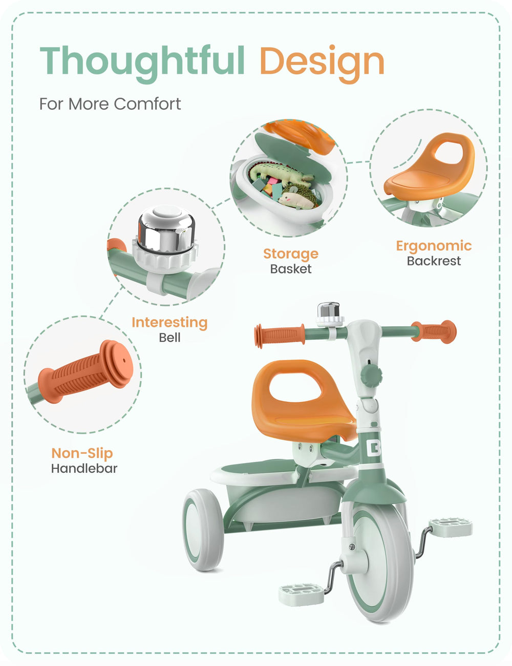 Besrey toddler tricycle backrest focuses on comfortable seating for longer rides.