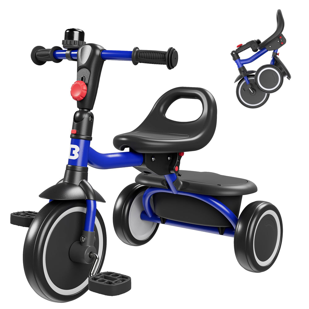 Besrey toddler tricycle blue frame with bell for safe, cheerful rides.