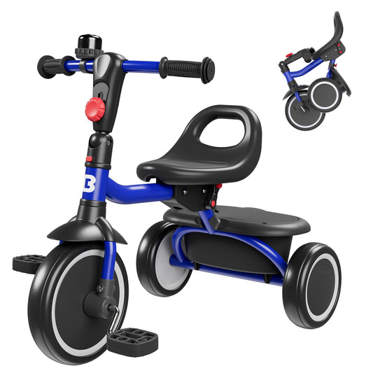 Besrey toddler tricycle blue frame with bell for safe, cheerful rides.