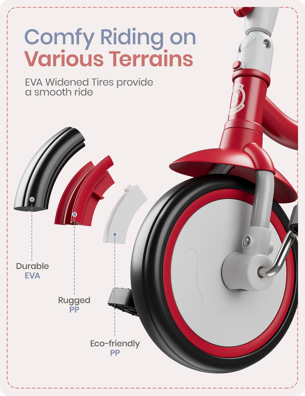 Besrey tricycle with EVA wheels absorbs shocks on indoor and outdoor surfaces.