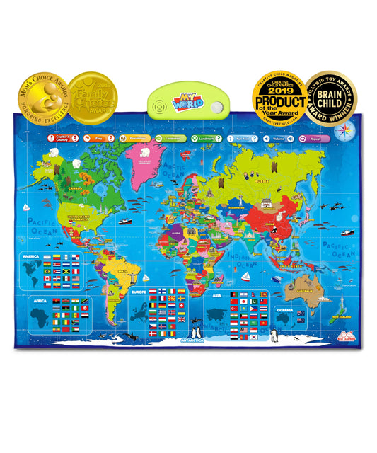 BEST LEARNING i-Poster world map on wall shows interactive learning at a glance
