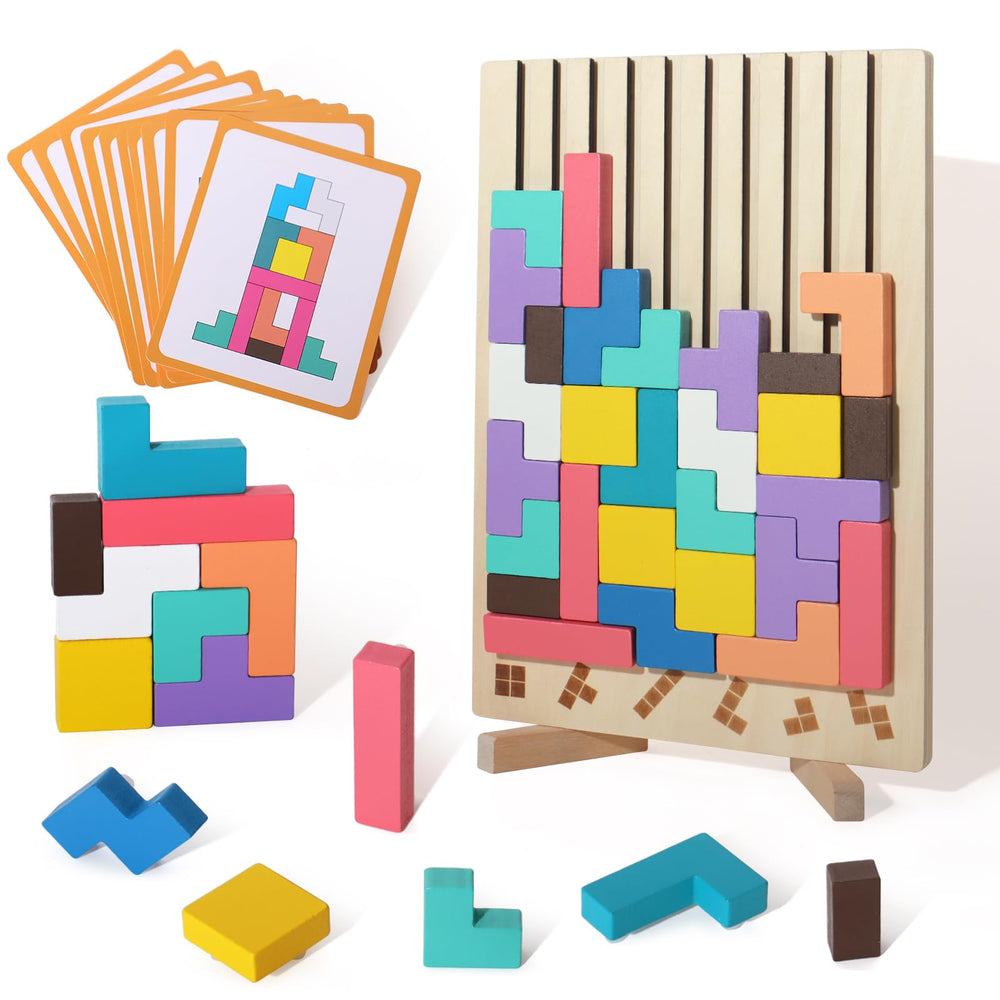 BESTAMTOY wooden Russian blocks puzzle with varied shapes improves fine motor skills.