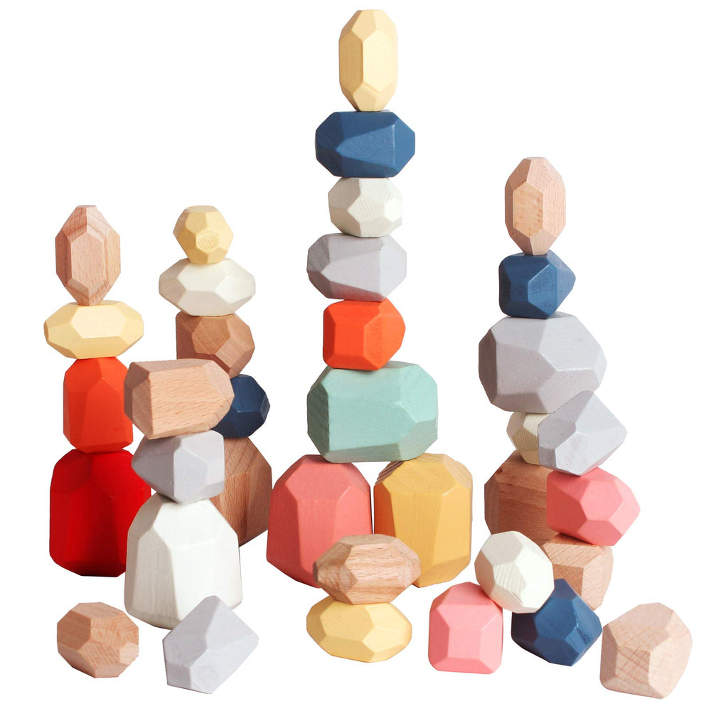 BESTAMTOY wooden stacking rocks set promotes fine motor skills through colorful blocks.