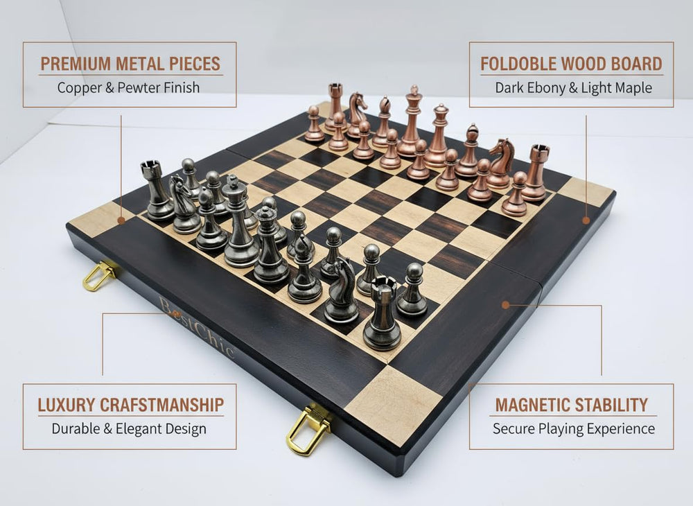 BESTCHIC heavy metal chess pieces provide satisfying heft for durable play.