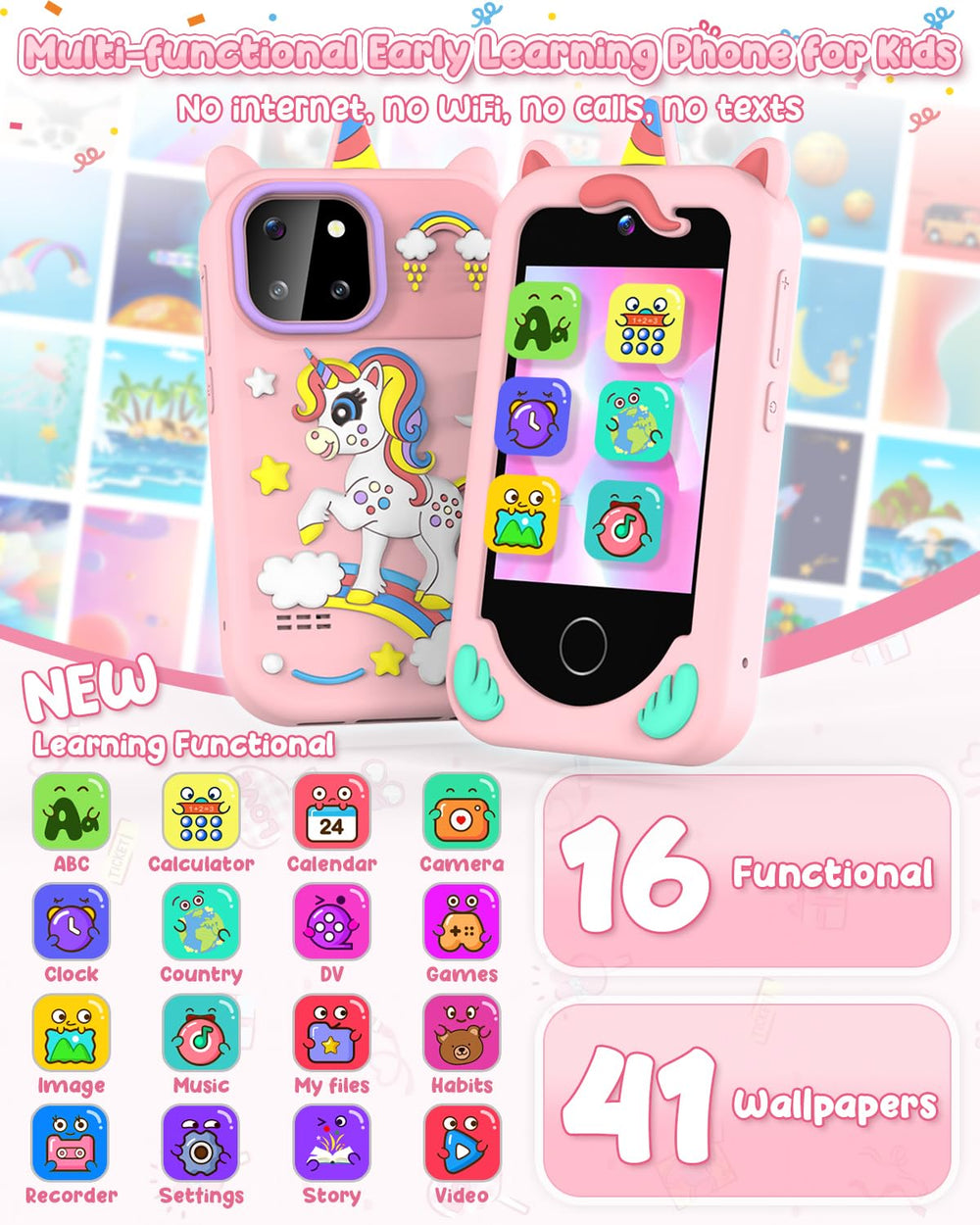 BESTOONE Kids Phone Toy screen display featuring 2.8-inch IPS touchscreen