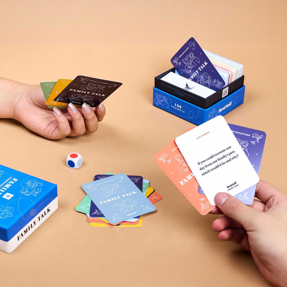 BestSelf Family Talk Deck portable pack fits on a coffee table.
