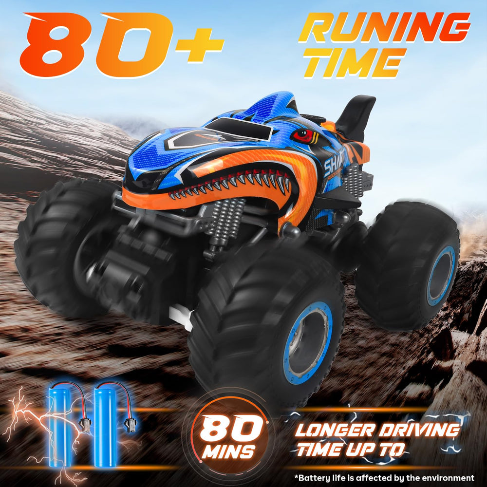 BESWIT 1:16 RC monster truck rear view showing accessible battery area for quick swaps.