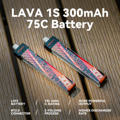 BETAFPV Lava 1S 300mAh battery with BT2.0 connector for quick swaps.