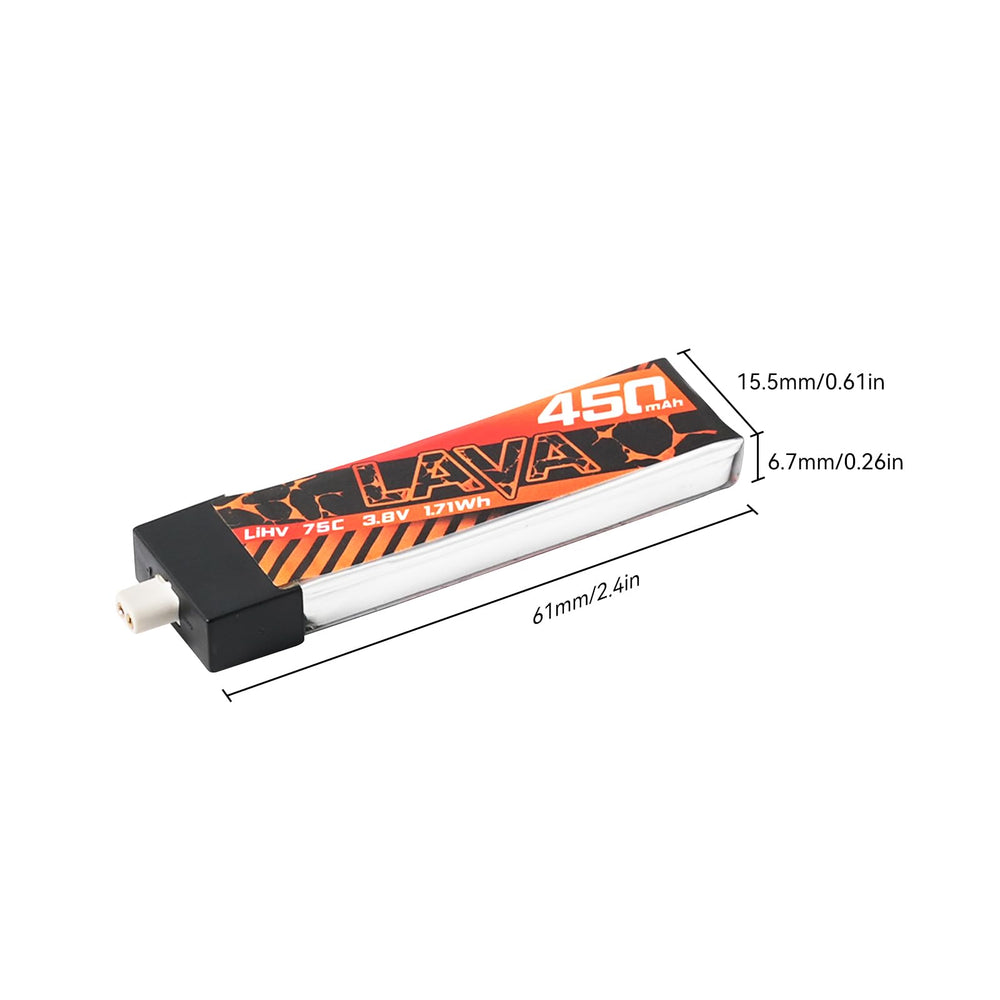 BETAFPV Lava 450mAh 1S BT2.0 connector enables quick plug-and-play setup.