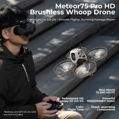 BETAFPV Meteor75 Pro canopy closeup highlighting micro canopy and HD camera mount.