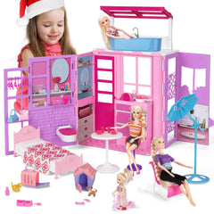 BETTINA foldable doll house with loft fits 11-12 inch dolls and expands play space.
