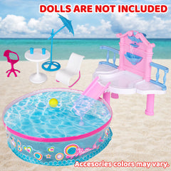 BETTINA Glam Deluxe doll pool playset beach chairs invite friends to relax.