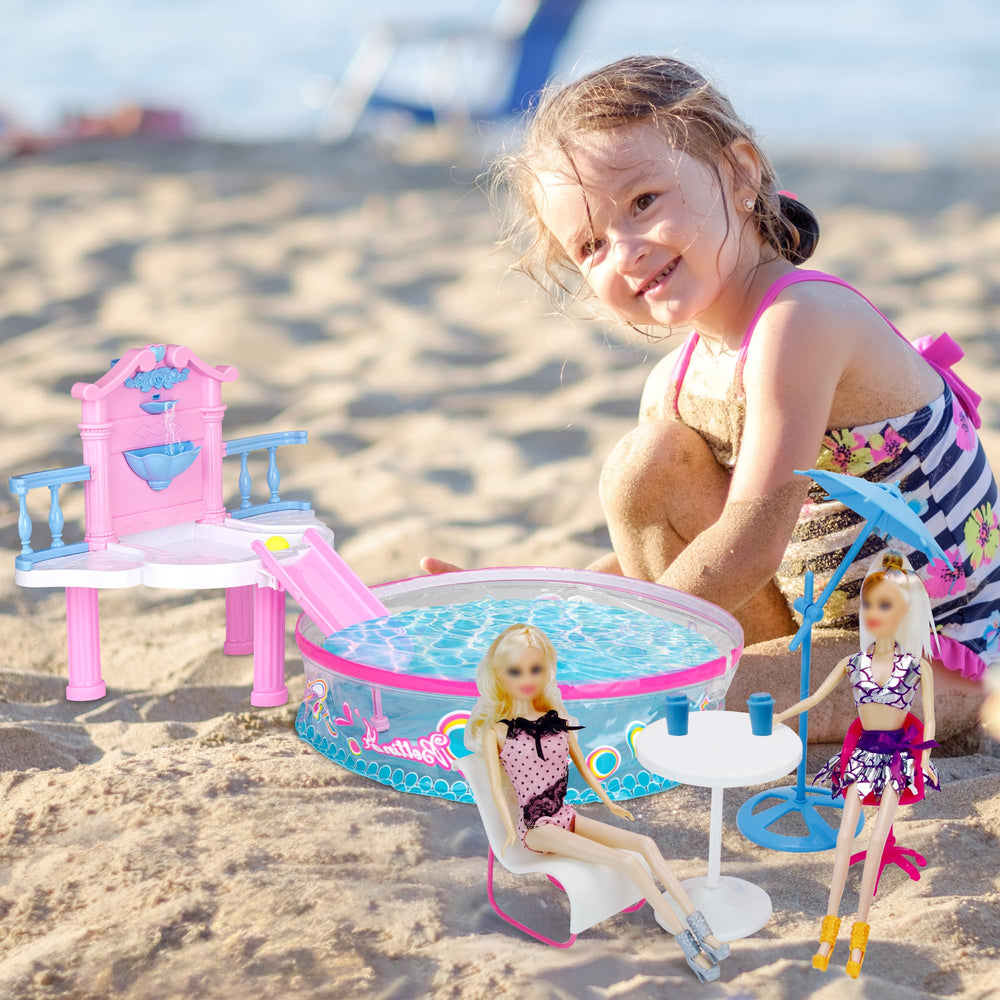 BETTINA Glam Deluxe doll pool playset beach table for snacks and storytelling.
