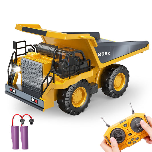 BEWEAI RC Dump Truck with metal bed in action for realistic dumping play.