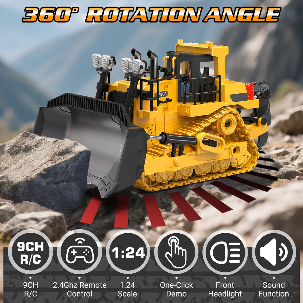 BEWEAI RC Bulldozer lights and sounds enhances realism for nighttime or indoor play.