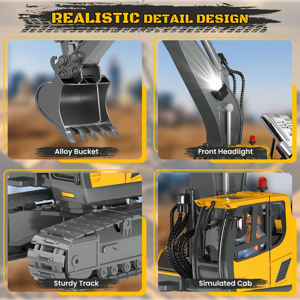 BEWEAI excavator with LED lights and engine sounds for immersion.